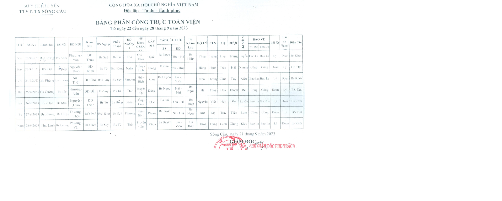 Lịch trực từ ngày 22/9/2023 đến 28/09/2023